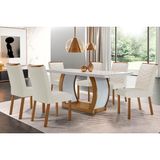 Conjunto: Mesa Sala Jantar Jade Tampo Madeirado C/ Vidro Canto Curvo 180x90 E 6 Cadeiras Londrina Imbuia/off White - Suede Creme - Rufato