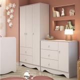 Quarto De Bebê Com Cômoda 3 Gavetas E Guarda Roupa 3 Portas Pirueta Branco Brilho