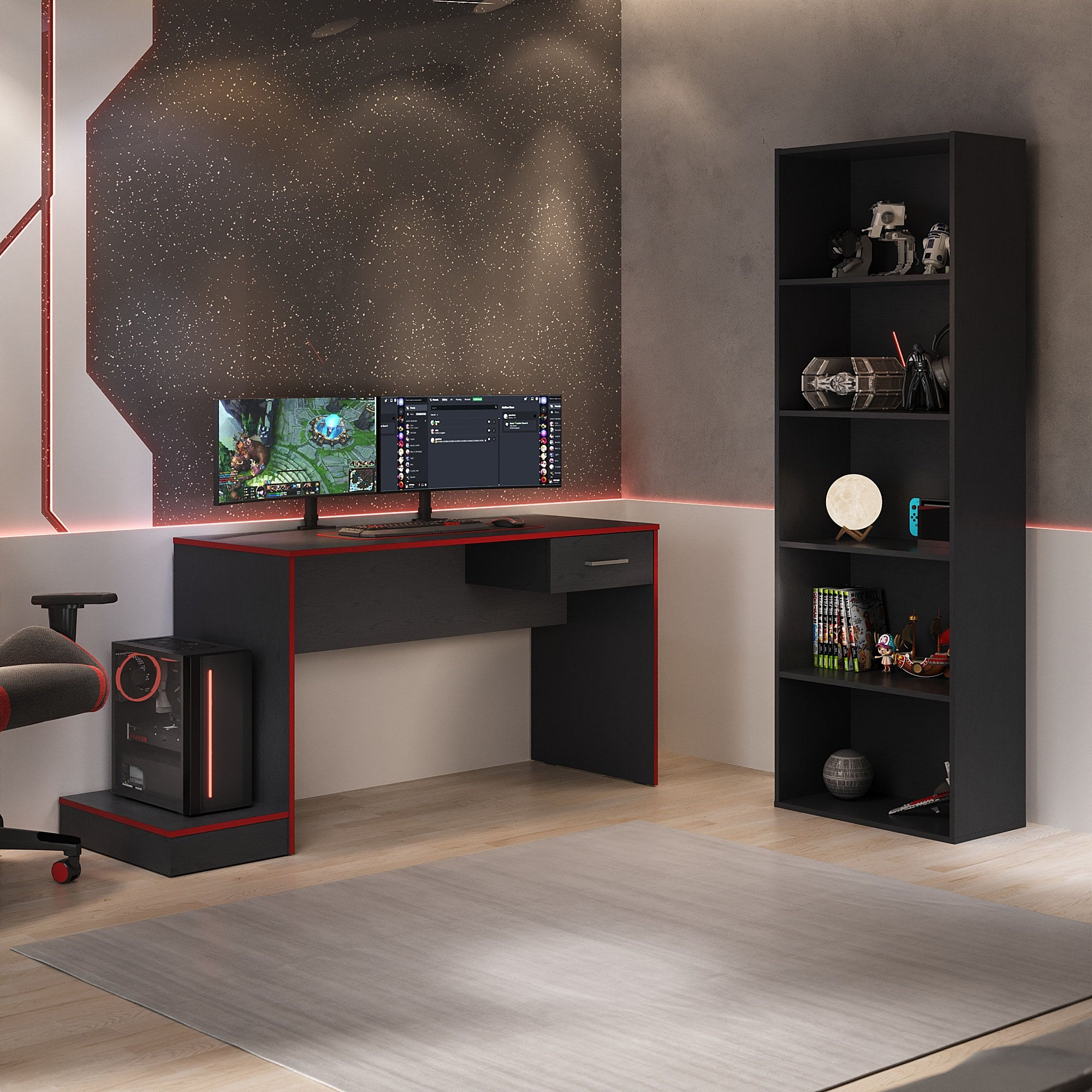 Kit 2 Peças Com 1 Escrivaninha Gamer E 1 Estante Para Livros 5 Prateleiras Preto/vermelho
