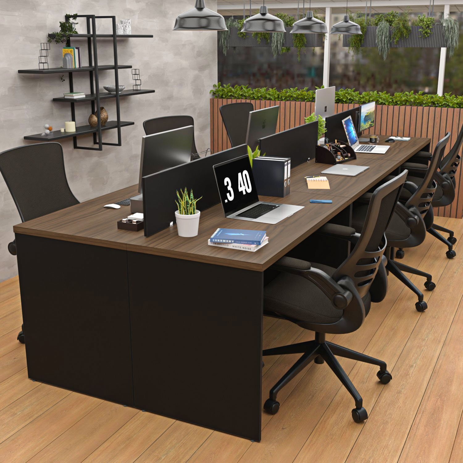 Estação De Trabalho Mesa Plataforma Escritório 1200x600 6 Lugares Nogal / Preto