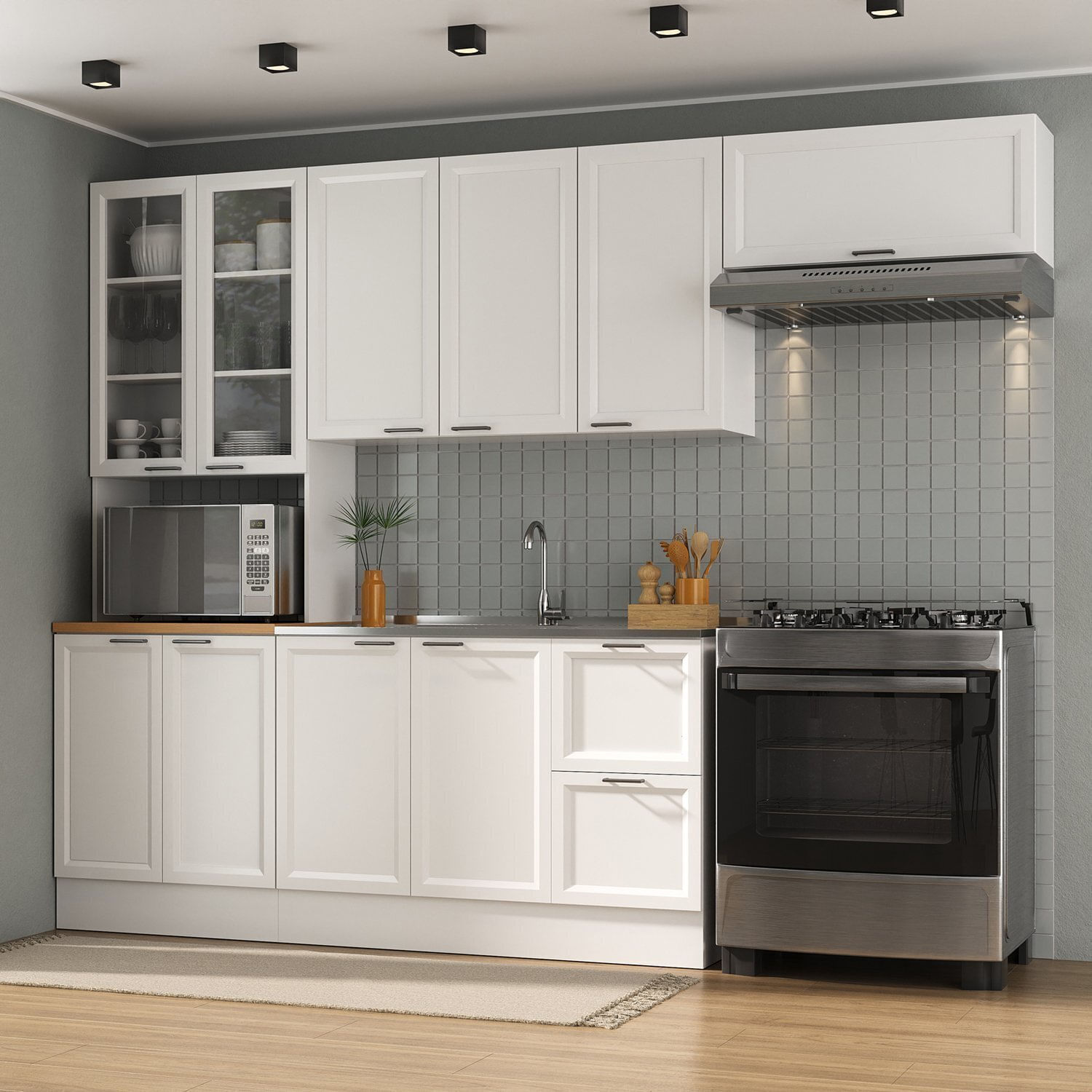 Cozinha Compacta 4 Peças 1 Paneleiro Duplo 2 Aéreos 1 Balcão Soho Cabecasa Madeiramadeira Branco