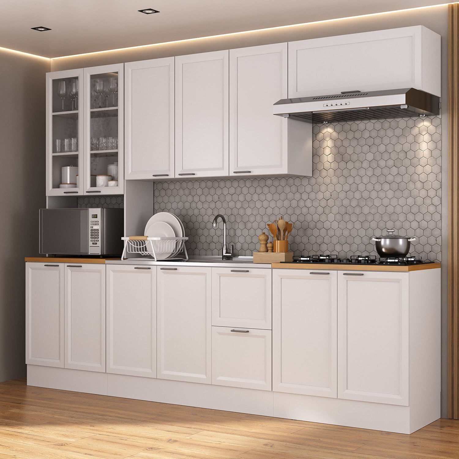 Cozinha Compacta 5 Peças 1 Paneleiro Duplo 2 Aéreos 2 Balcões Soho Cabecasa Madeiramadeira Branco