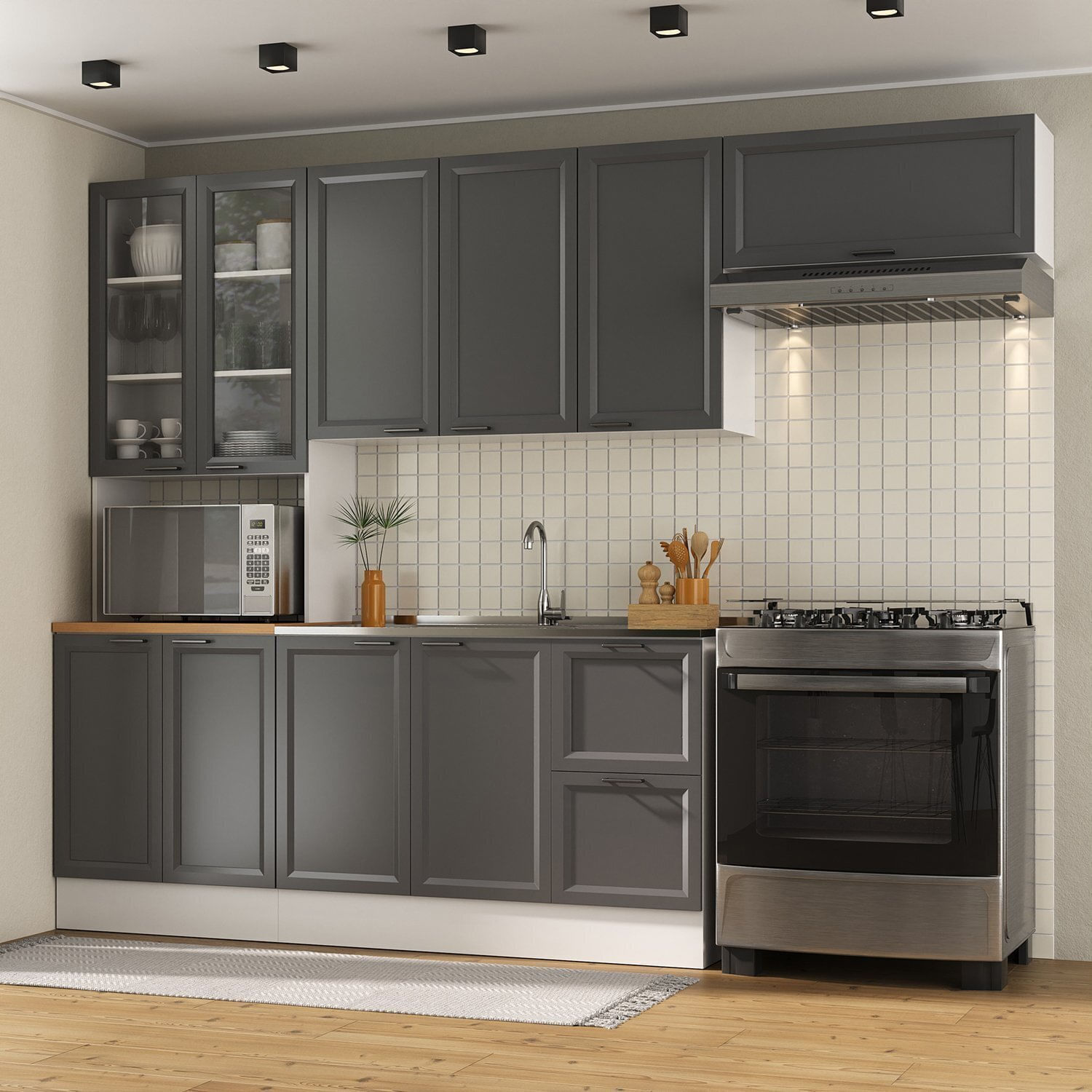 Cozinha Compacta 4 Peças 1 Paneleiro Duplo 2 Aéreos 1 Balcão Soho Cabecasa Madeiramadeira Branco/grafite