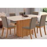 Conjunto: Mesa Sala Jantar Solana Sc68 Tampo Madeirado C/ Vidro Canto Curvo 160x90cm E 6 Cadeiras Isa Nature/suede Light Bege - Henn