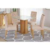 Conjunto: Mesa Sala Jantar Sophia C/ Tampo Madeirado C/ Vidro 95x95cm E 4 Cadeiras Fernanda Nature/off White-suede Nude Bege - Cimol