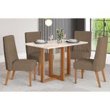 Conjunto: Mesa De Cozinha Natalí C/ Tampo Madeirado C/ Vidro Reto 120x80cm E 4 Cadeiras Eloa Nature/suede Light Marrom Amêndoa - Henn