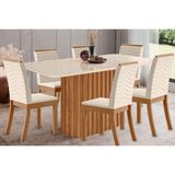 Conjunto: Mesa Sala Jantar Solana Sc68 Tampo Madeirado C/ Vidro Canto Curvo 160x90cm E 6 Cadeiras Isa Nature/linho - Henn