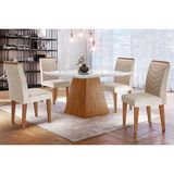 Conjunto: Mesa De Cozinha Luna C/ Tampo Madeirado C/ Vidro Canto Curvo 90x90cm E 4 Cadeiras Londrina Imbuia/off White - Suede Creme - Rufato