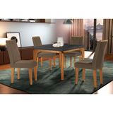 Conjunto: Mesa De Cozinha Londrina C/ Tampo Madeirado C/ Vidro Canto Reto 120x80cm E 4 Cadeiras Amsterdã Imbuia/grafite - Suede Capuccino - Rufato