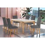 Conjunto: Mesa De Cozinha Londrina C/ Tampo Madeirado C/ Vidro Canto Curvo 180x90cm E 6 Cadeiras Amsterdã Imbuia/off White - Linho Grafite - Rufato