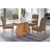 Conjunto: Mesa Sala Jantar Ágata Tampo Madeirado C/ Vidro 130x80cm E 4 Cadeiras Juliana Madeirado/suede Joli Capuccino - Cimol