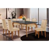 Conjunto: Mesa De Cozinha Londrina C/ Tampo Madeirado C/ Vidro Canto Curvo 180x90cm E 6 Cadeiras Londrina Imbuia/grafite - Suede Creme - Rufato