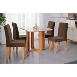 Conjunto: Mesa De Cozinha Flora C/ Tampo Madeirado C/ Vidro 95x95cm E 4 Cadeiras Milena Nature/suede Joli Chocolate - Cimol