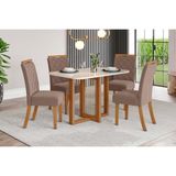 Conjunto: Mesa De Cozinha Natalí C/ Tampo Madeirado C/ Vidro Curvo 120x80cm E 4 Cadeiras Bella Nature/suede Light Marrom Amendoa - Henn