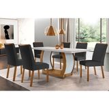 Conjunto: Mesa De Cozinha Jade Tampo Madeirado C/ Vidro Canto Curvo 180x90 E 6 Cadeiras Londrina Imbuia/off White - Linho Grafite - Rufato