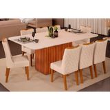 Conjunto: Mesa Sala Jantar Canes Tampo Madeirado C/ Vidro Curvo 200x100cm E 8 Cadeiras Stela Freijo/off White - Ipe/linho Neve - Dj Móveis