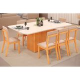 Conjunto: Mesa Sala Jantar Canes Tampo Madeirado C/ Vidro Curvo 170x90cm E 8 Cadeiras Talia Cedro/off White - Suede Creme - Dj Móveis