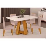 Conjunto: Mesa Sala Jantar Celeste Tampo Madeirado C/ Vidro Curvo 120x90cm E 4 Cadeiras Lia Cedro/off White - Suede Kraft - Dj Móveis
