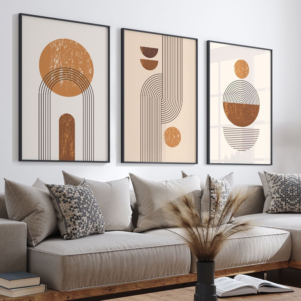 Quadro Decorativo 3 Telas Abstrato Geométrico Linhas Formas 60x90cm Para Cozinha, Banheiro, Hall De Preto