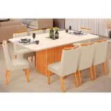 Conjunto: Mesa Sala Jantar Canes Tampo Madeirado C/ Vidro Curvo 200x100cm E 8 Cadeiras Bia Cedro/off White - Linho Neve - Dj Móveis