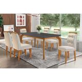 Conjunto: Mesa De Cozinha Londrina C/ Tampo Madeirado C/ Vidro Canto Curvo 180x90cm E 6 Cadeiras Imperatriz Imbuia/grafite - Suede Creme - Rufato