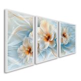 Quadro Decorativo Floral Flor De Hibisco Com 3 Telas De Parede Para Sala Quarto Escritório 60cm X 90 Com Vidro Branco