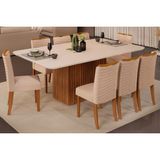 Conjunto: Mesa Sala Jantar Canes Tampo Madeirado C/ Vidro Curvo 200x100cm E 8 Cadeiras Julia Freijo/off White - Suede Kraft - Dj Móveis