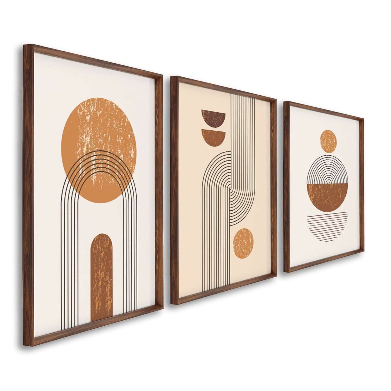 Quadro Decorativo Abstrato Geométrico Linhas E Formas 3 Telas 60x90cm Para Escritório Hall Quarto Marrom