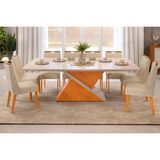 Conjunto: Mesa Sala Jantar Zafira Tampo Madeirado C/ Vidro Curvo 200x100cm E 8 Cadeiras Bia Cedro/off White - Freijo/linho Neve - Dj Móveis