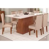 Conjunto: Mesa Sala Jantar Dulce Tampo Madeirado C/ Vidro Reto 180x90cm E 6 Cadeiras Zoe Freijo/off White - Suede Creme - Dj Móveis
