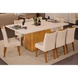 Conjunto: Mesa Sala Jantar Canes Tampo Madeirado C/ Vidro Curvo 170x90cm E 8 Cadeiras Stela Cedro/off White - Ipe/linho Neve - Dj Móveis