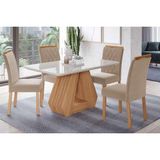 Conjunto: Mesa Sala Jantar Ágata Tampo Madeirado C/ Vidro 130x80cm E 4 Cadeiras Juliana Madeirado/ Linho Bege - Cimol