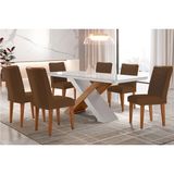 Conjunto: Mesa De Cozinha Imperatriz Tampo Madeirado C/ Vidro Canto Curvo 180x90 E 6 Cadeiras Londrina Imbuia/off White - Suede Marrom - Rufato