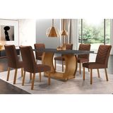 Conjunto: Mesa De Cozinha Jade Tampo Madeirado C/ Vidro Canto Curvo 180x90 E 6 Cadeiras Londrina Imbuia/grafite - Suede Marrom - Rufato