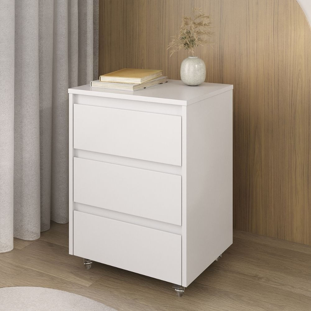 Gaveteiro Com Rodízios 3 Gavetas Cáli Escritório/quarto Branco
