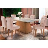Conjunto: Mesa De Cozinha Luna C/ Tampo De Vidro Canto Curvo 180x90cm E 6 Cadeiras Imperatriz Imbuia/off White - Suede Creme - Rufato