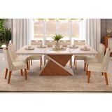Conjunto: Mesa Sala Jantar Zafira Tampo Madeirado C/ Vidro Curvo 200x100cm E 8 Cadeiras Bia Freijo/off White - Linho Neve - Dj Móveis