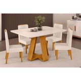 Conjunto: Mesa Sala Jantar Celeste Tampo Madeirado C/ Vidro Curvo 120x90cm E 4 Cadeiras Lia Cedro/off White - Linho Neve - Dj Móveis
