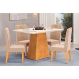 Conjunto: Mesa Sala Jantar Dulce Tampo Madeirado C/ Vidro Reto 120x90cm E 4 Cadeiras Lia Cedro/off White - Suede Kraft - Dj Móveis