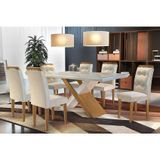 Conjunto: Mesa De Cozinha Imperatriz Tampo Madeirado C/ Vidro Canto Reto 180x90cm E 6 Cadeiras Imperatriz Capuccino/suede Creme - Rufato