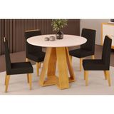 Conjunto: Mesa Sala Jantar Celeste Tampo Madeirado C/ Vidro Redondo 103x103cm E 4 Cadeiras Lia Cedro/off White - Suede Moca - Dj Móveis