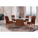 Conjunto: Mesa De Cozinha Luna C/ Tampo Madeirado C/ Vidro Canto Curvo 120x80cm E 4 Cadeiras Londrina Imbuia/off White - Suede Marrom - Rufato