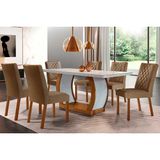 Conjunto: Mesa De Cozinha Jade Tampo Madeirado C/ Vidro Canto Curvo 180x90 E 6 Cadeiras Jade Imbuia/suede Capuccino - Rufato