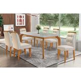 Conjunto: Mesa De Cozinha Londrina C/ Tampo Madeirado C/ Vidro Canto Reto 180x90cm E 6 Cadeiras Imperatriz Imbuia-capuccino/suede Creme - Rufato