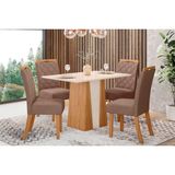 Conjunto: Mesa De Cozinha Orus Tampo Madeirado C/ Vidro 120x80cm E 4 Cadeiras Bella Nature/suede Light Marrom Amendoa - Henn