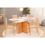 Conjunto: Mesa Sala Jantar Italia C/ Tampo Madeirado C/ Vidro 120x90cm E 4 Cadeiras Talia Cedro/off White - Suede Creme - Dj Móveis