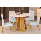 Conjunto: Mesa Sala Jantar Celeste Tampo Madeirado C/ Vidro Redondo 103x103cm E 4 Cadeiras Lia Cedro/off White - Linho Neve - Dj Móveis