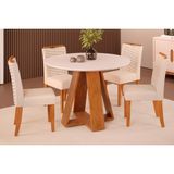 Conjunto: Mesa Sala Jantar Celeste Tampo Madeirado C/ Vidro Redondo 103x103cm E 4 Cadeiras Julia Freijo/off White - Linho Neve - Dj Móveis