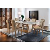 Conjunto: Mesa De Cozinha Jade Tampo Madeirado C/ Vidro Canto Curvo 180x90cm E 6 Cadeiras Melissa Capuccino/suede Capuccino - Rufato