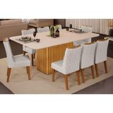 Conjunto: Mesa Sala Jantar Canes Tampo Madeirado C/ Vidro Curvo 200x100cm E 8 Cadeiras Stela Cedro/off White - Ipe/linho Neve - Dj Móveis